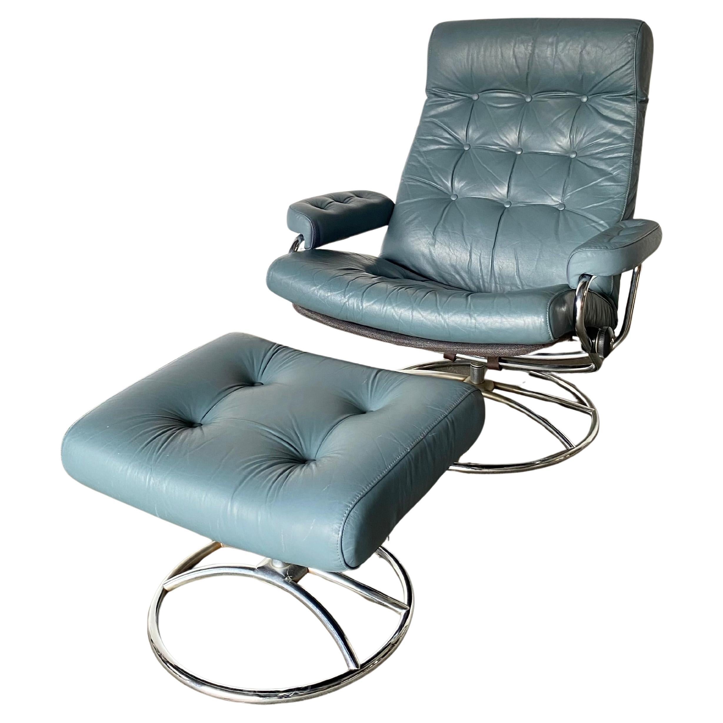 Ekornes Stressless Reclining Lounge Chair and Ottoman in Blue Leather
