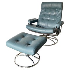 Ekornes Stressless Reclining Lounge Chair and Ottoman in Blue Leather