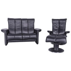 Used Ekornes Stressless Relax Sofa Armchair Set Black Leather TV Recliner Two-Seat