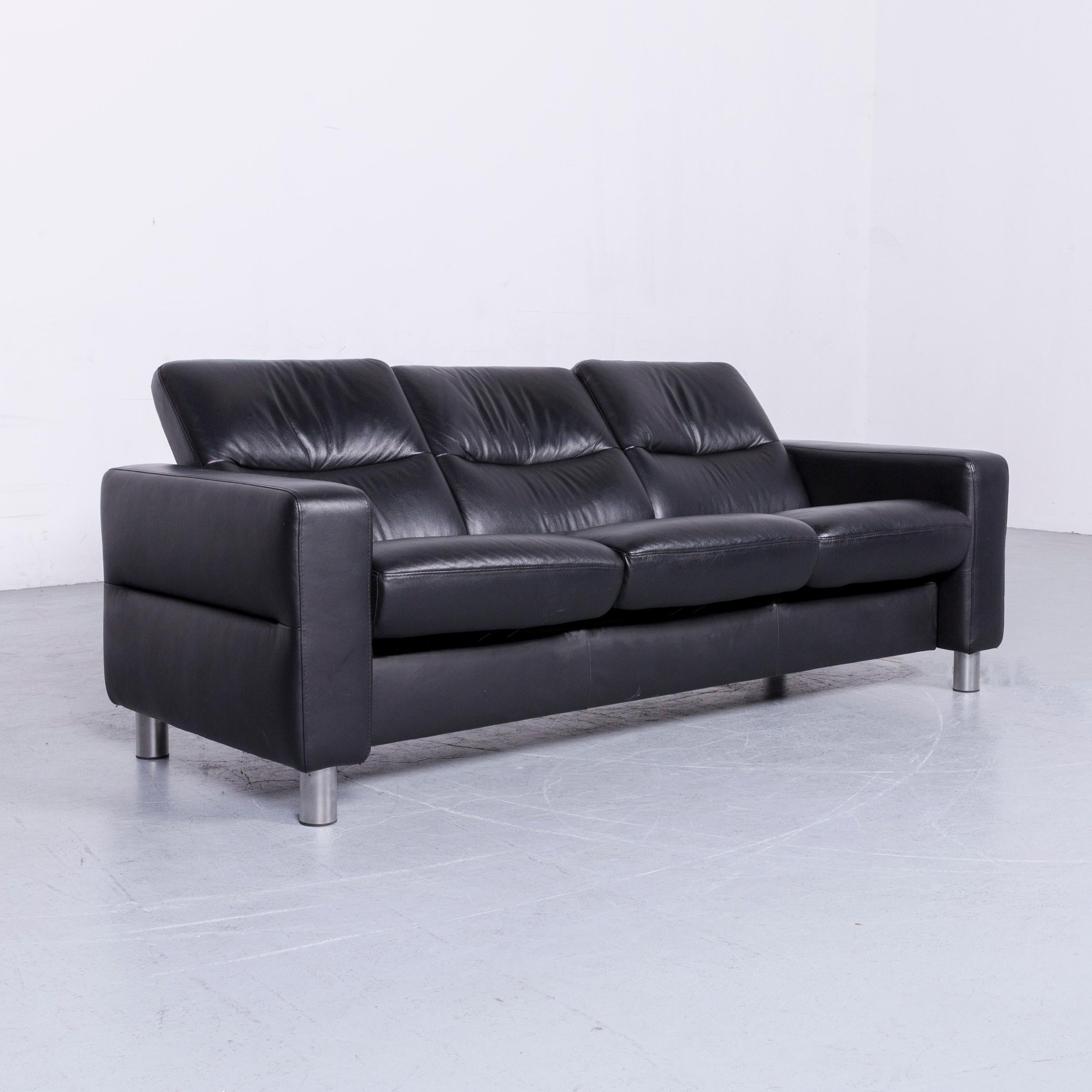 German Ekornes Stressless Relax Sofa Black Leather TV Recliner Three-Seat For Sale