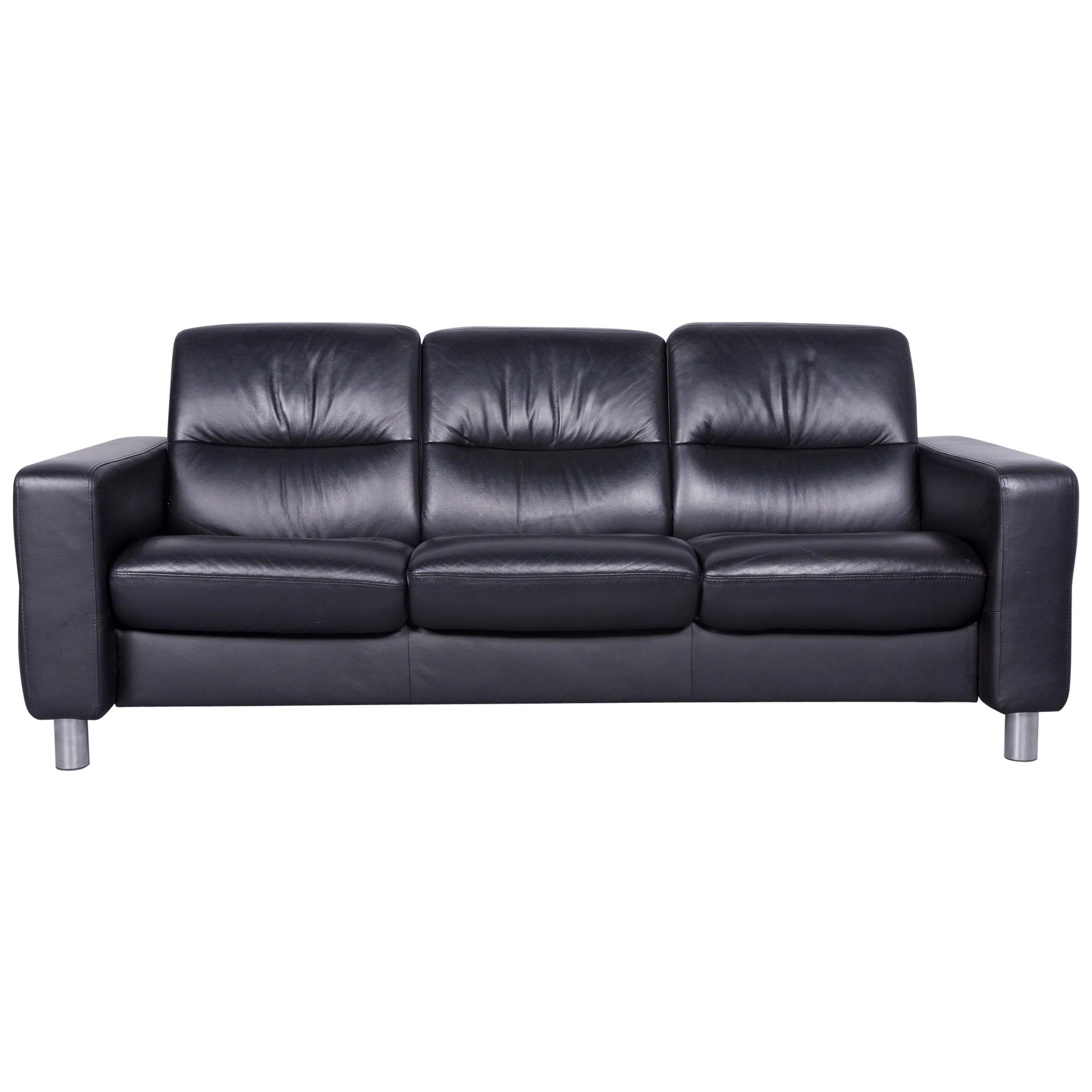 Ekornes Stressless Relax Sofa Black Leather TV Recliner Three-Seat For Sale
