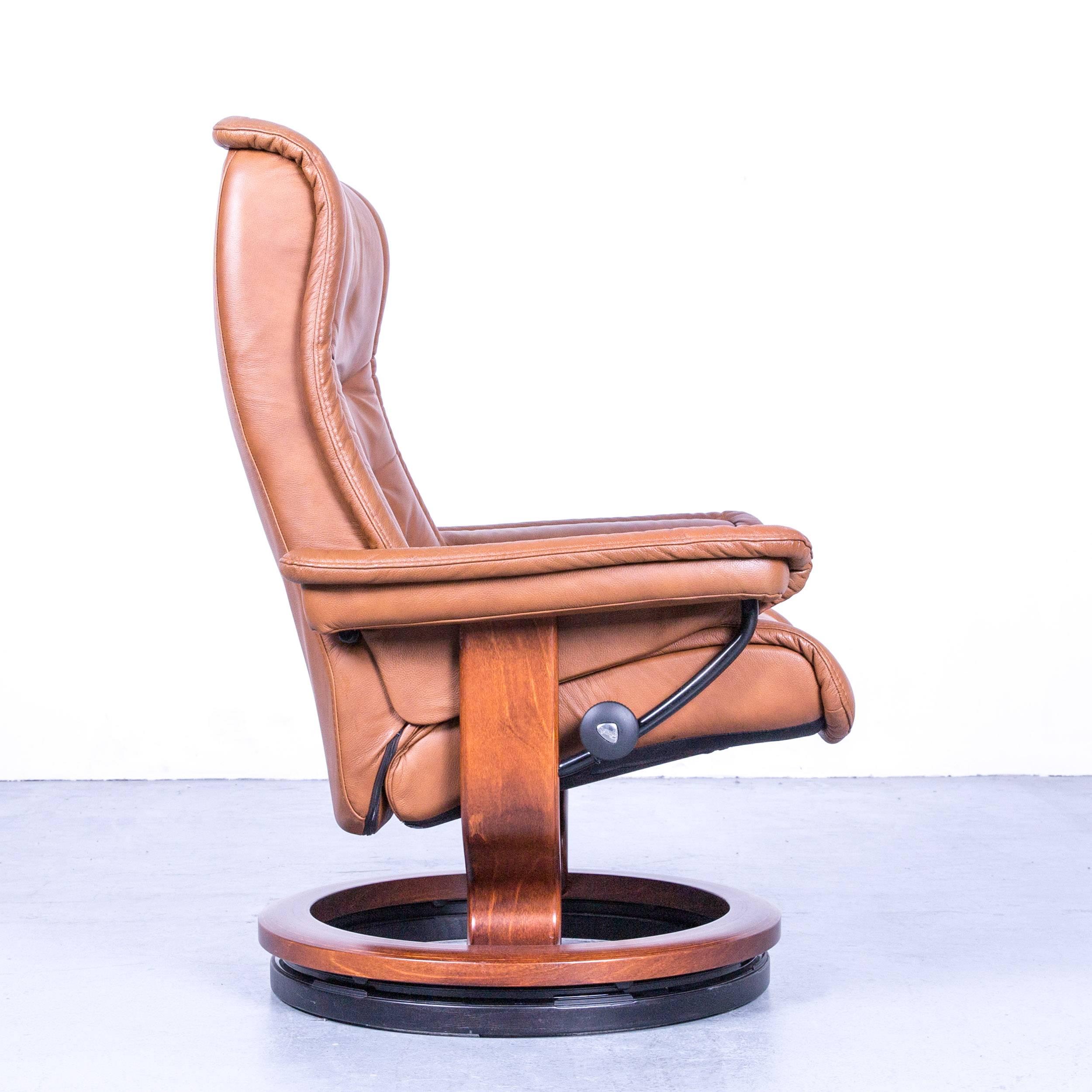 German Ekornes Stressless Royal Armchair and Footstool Set Brown Leather Recliner Chair