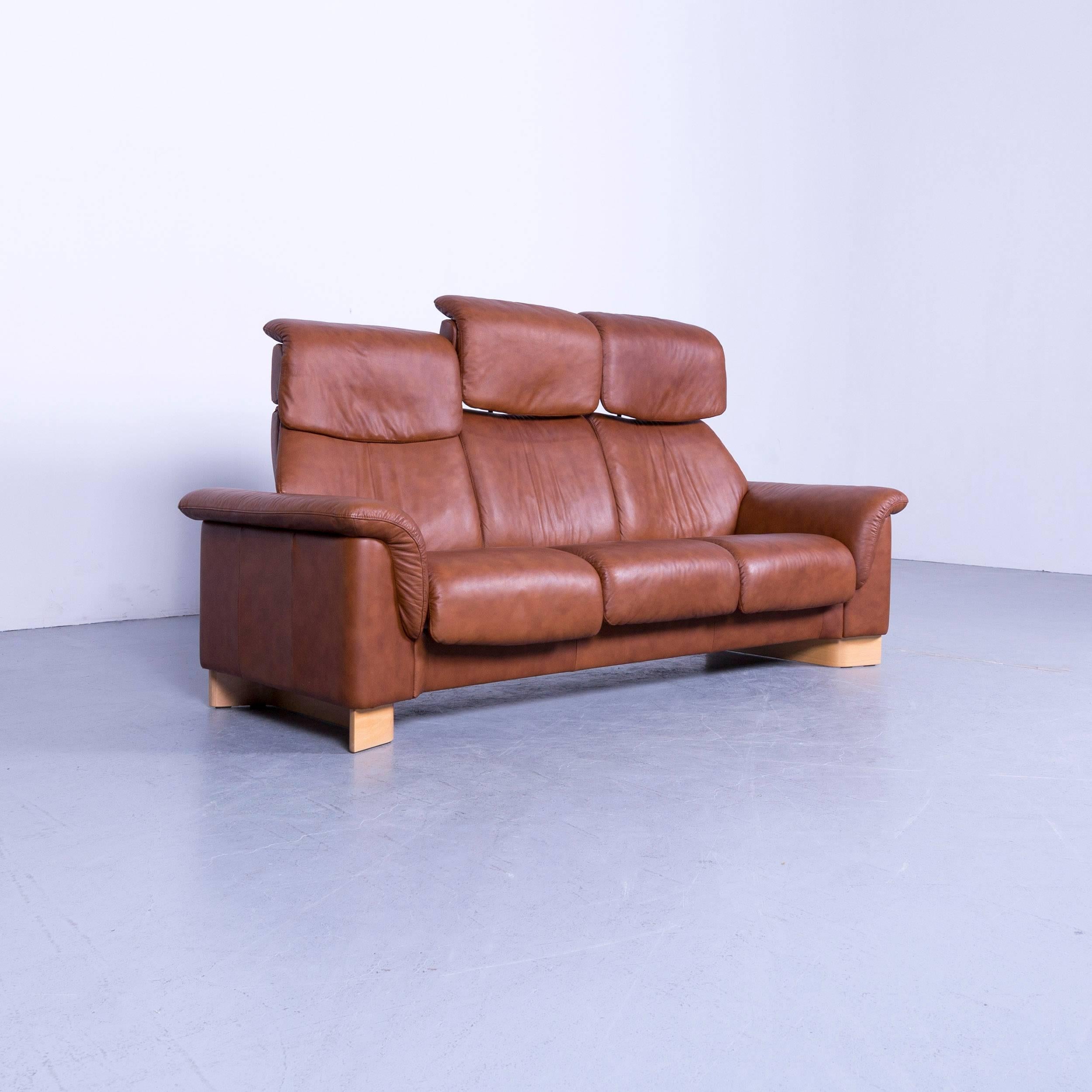 German Ekornes Stressless Sofa Brown Leather Three-Seat Recliner