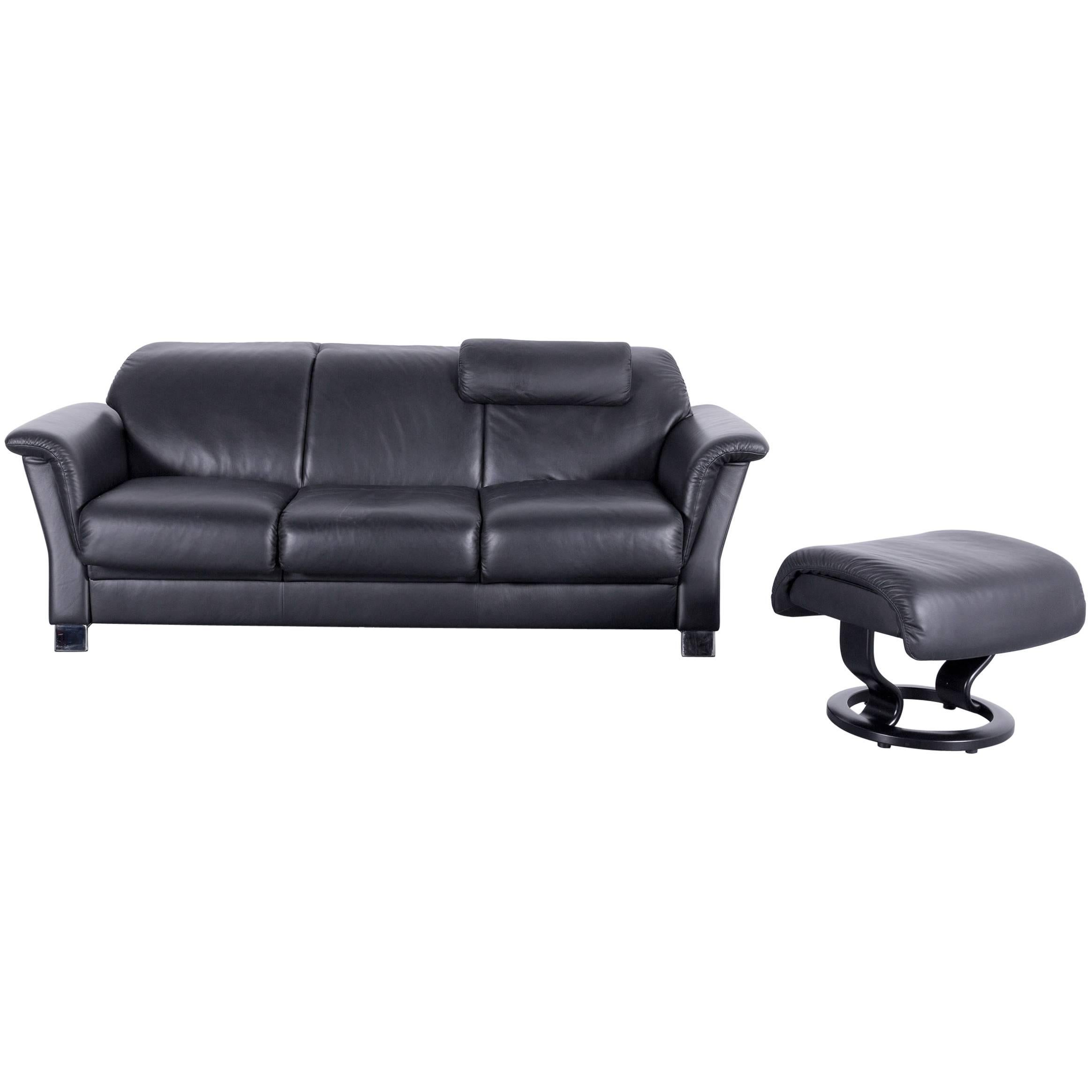 Ekornes Stressless Sofa Set Black Leather Three-Seat Foot-Stool