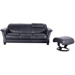 Ekornes Stressless Sofa Set Black Leather Three-Seat Foot-Stool