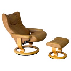 Ekornes Stressless Tan Leather Lounge Chair with Ottoman Vintage 1980s