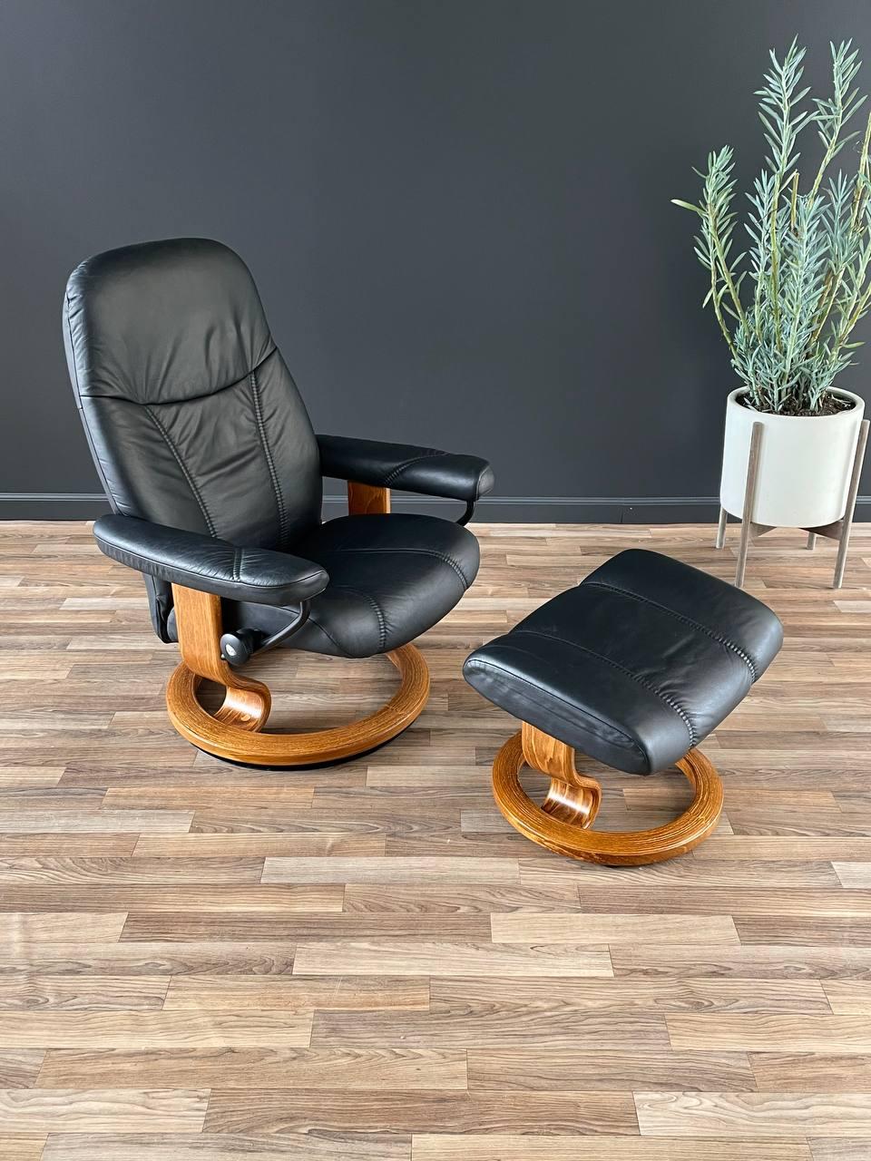 Post-Modern Ekornes Stressless Tan Leather Reclining Swivel Chair with Ottoman