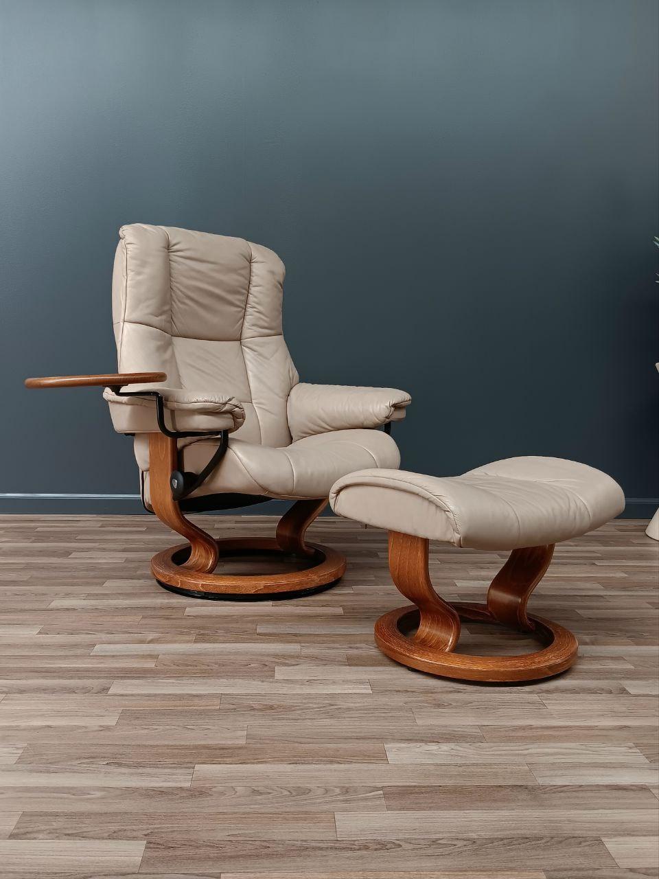 Post-Modern Ekornes Stressless Tan Leather Reclining Swivel Lounge Chair with End Table & Ot