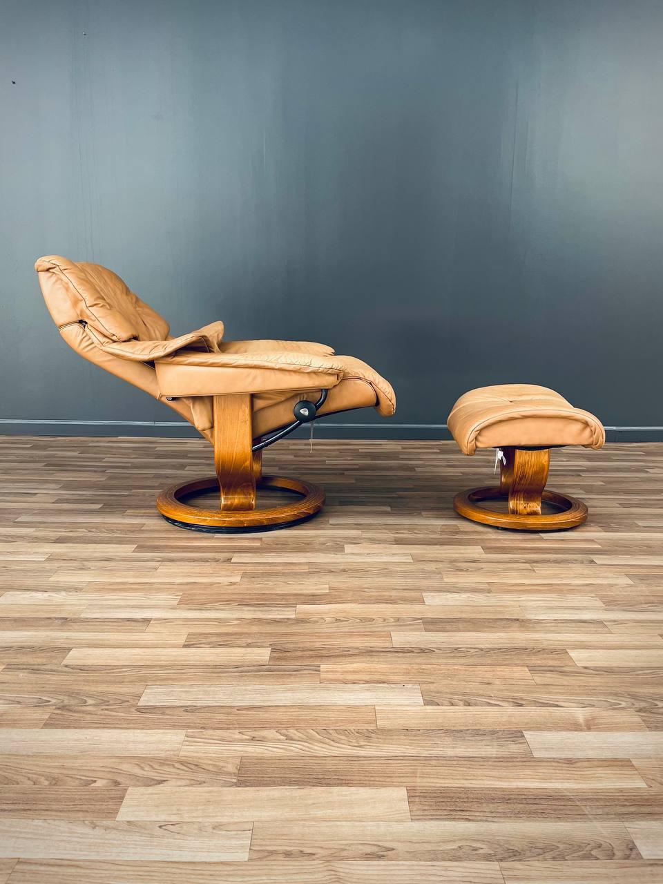 Post-Modern Ekornes Stressless Tan Leather Reclining Swivel Lounge Chair with Ottoman