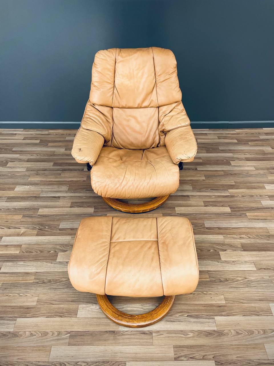 Swedish Ekornes Stressless Tan Leather Reclining Swivel Lounge Chair with Ottoman