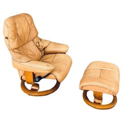 Used Ekornes Stressless Tan Leather Reclining Swivel Lounge Chair with Ottoman