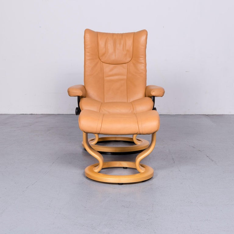 Ekornes Stressless Wing Armchair and Footstool Beige Leather Recliner