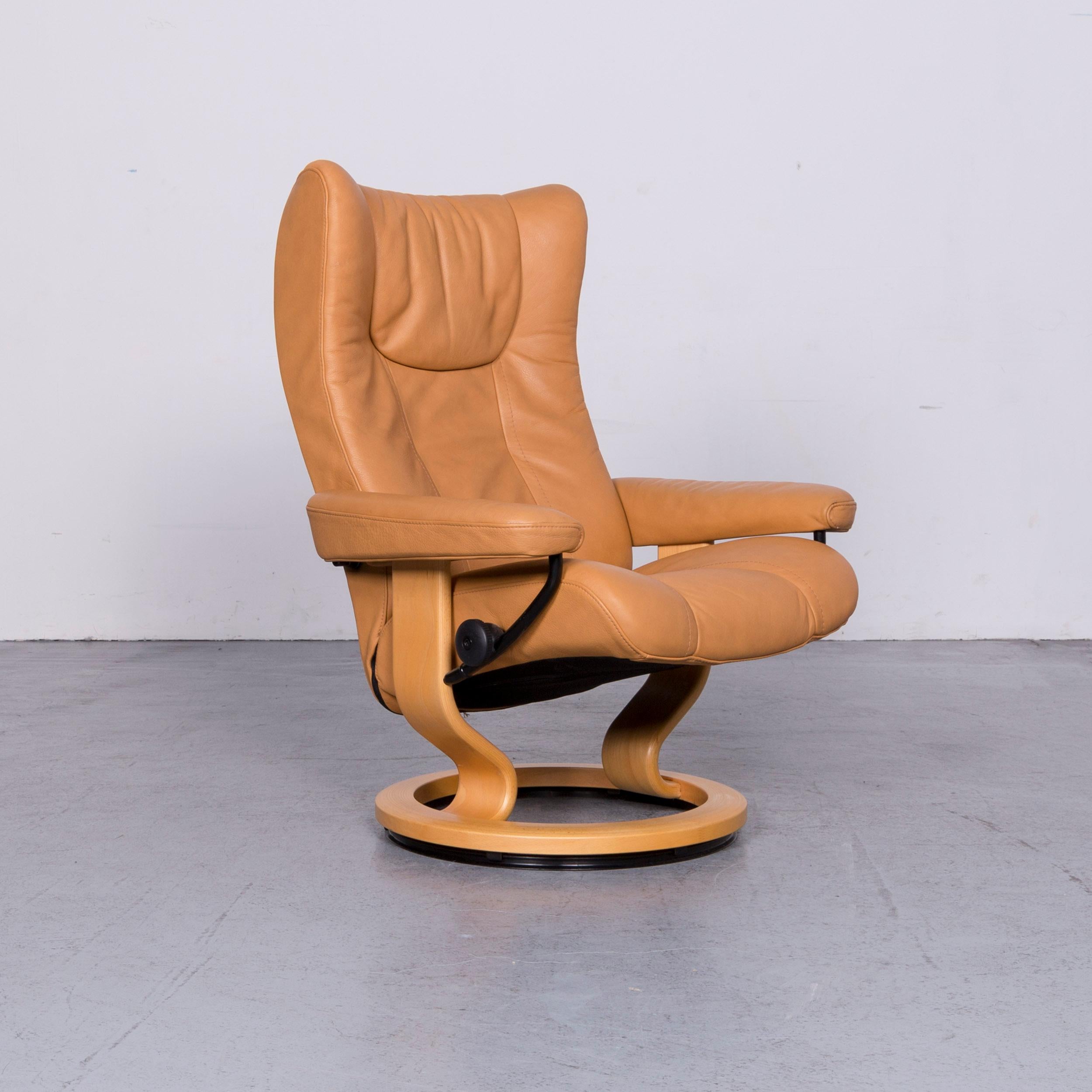 German Ekornes Stressless Wing Armchair and Footstool Beige Leather Recliner Chair