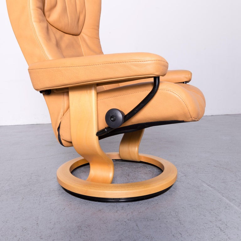 Ekornes Stressless Wing Armchair and Footstool Beige Leather Recliner