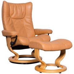 Ekornes Stressless Wing Armchair and Footstool Beige Leather Recliner Chair