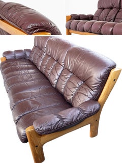 Ekornes Teak and Brown Leather Sofa, 1970s