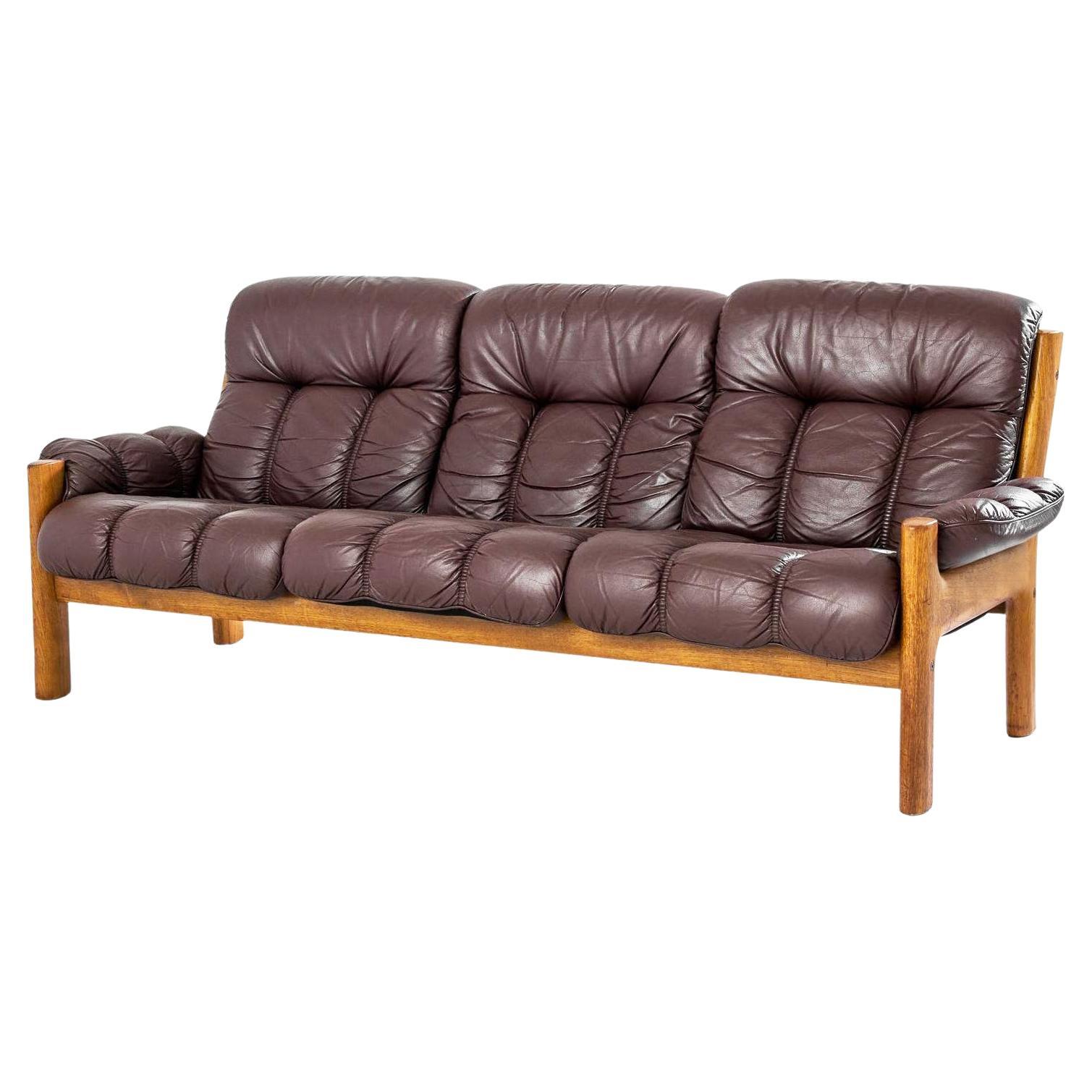 Ekornes Teak and Brown Leather Sofa, 1970s