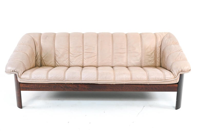 Ekorness Norway MidCentury Sofa and Loveseat in Taupe Leather For Sale