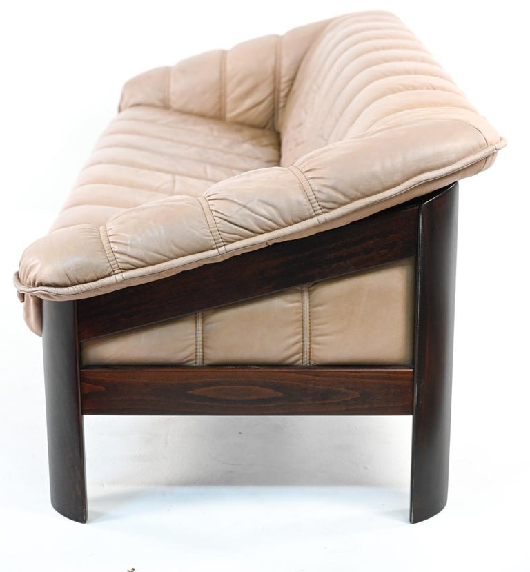 Ekorness Norway MidCentury Sofa and Loveseat in Taupe Leather For Sale