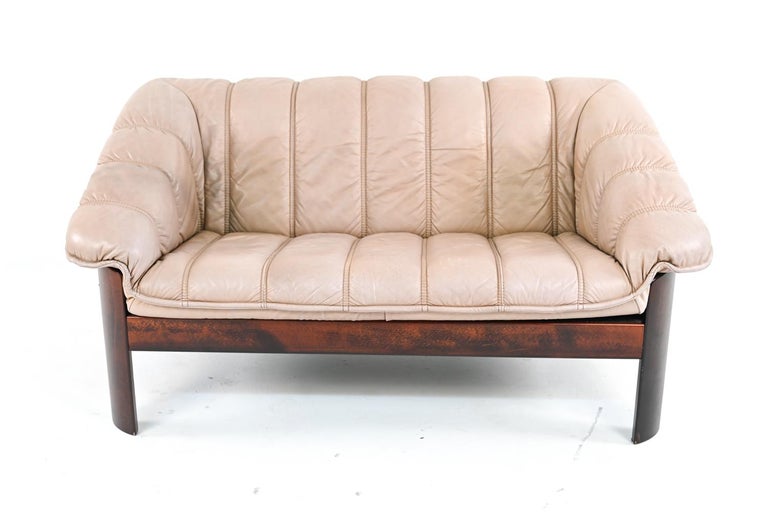 Ekorness Norway MidCentury Sofa and Loveseat in Taupe Leather For Sale