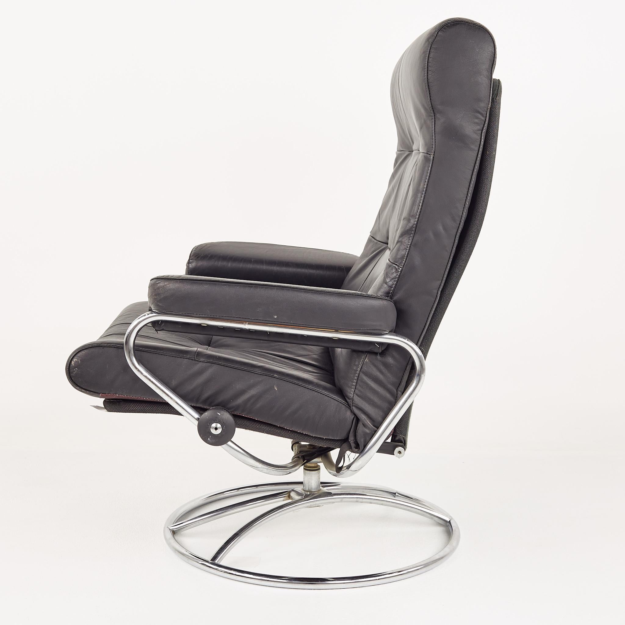 Norwegian Ekrones Mid Century Black Leather and Chrome Lounge Chair