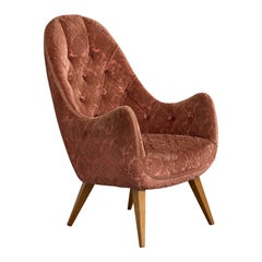 Eks Malmö, Lounge Chair, Velvet, Wood, Sweden, 1950s