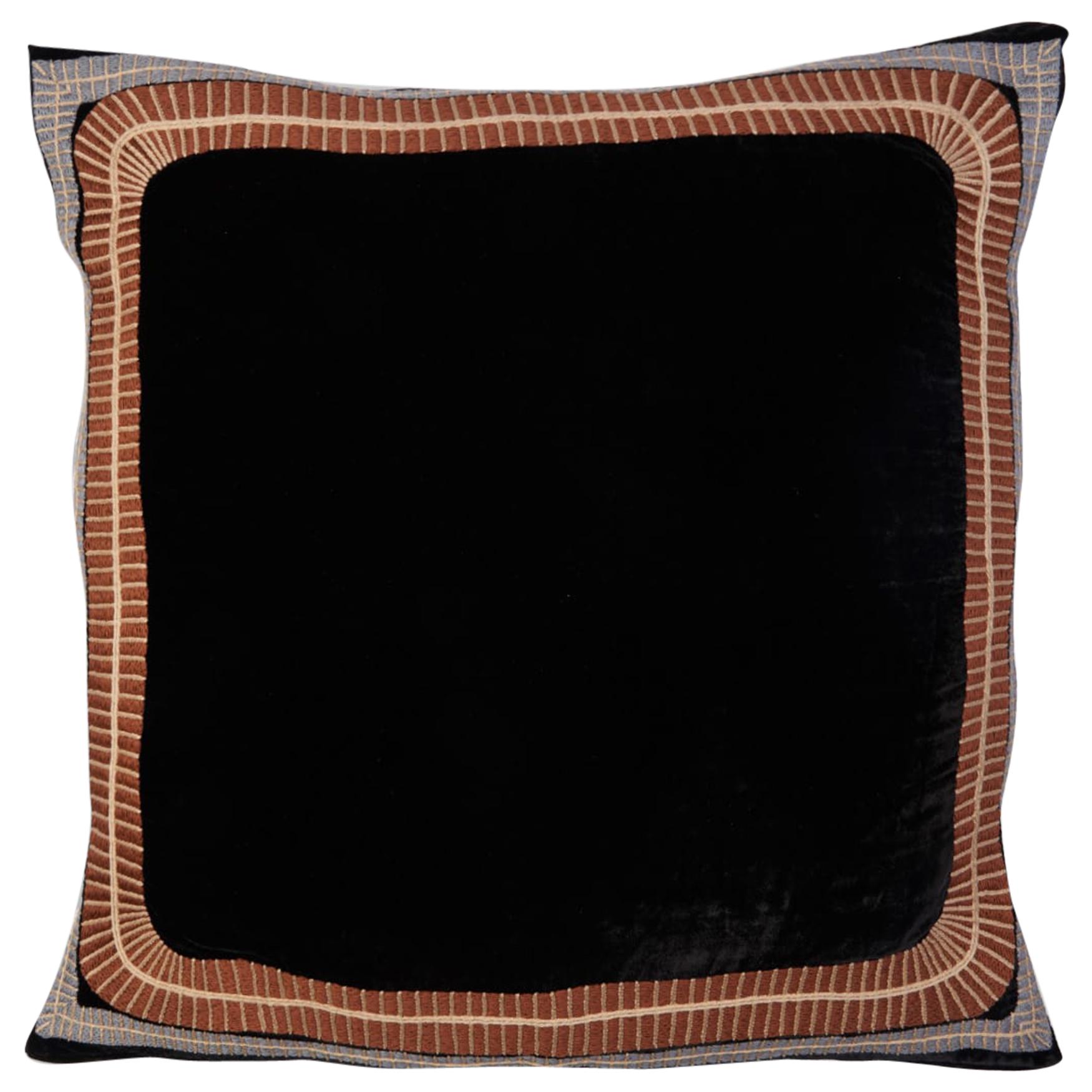 Eksteen Hand Embroidered Black Velvet Pillow Cover For Sale