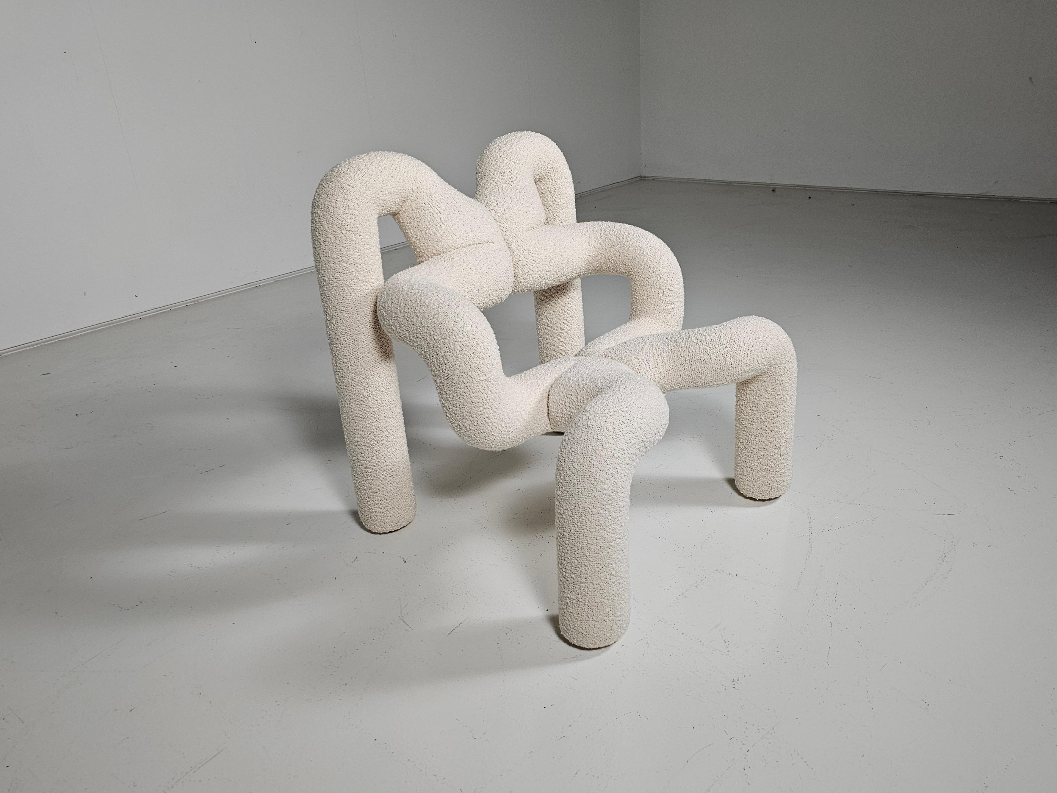 Early edition Ekstrem armchair designed by Terje Ekstrom. Ekstrem is not merely a chair, but rather a stand-alone object. It represents one of Norway’s first postmodern designs. Its unexpected geometrics allows you to sit forward with feet on the