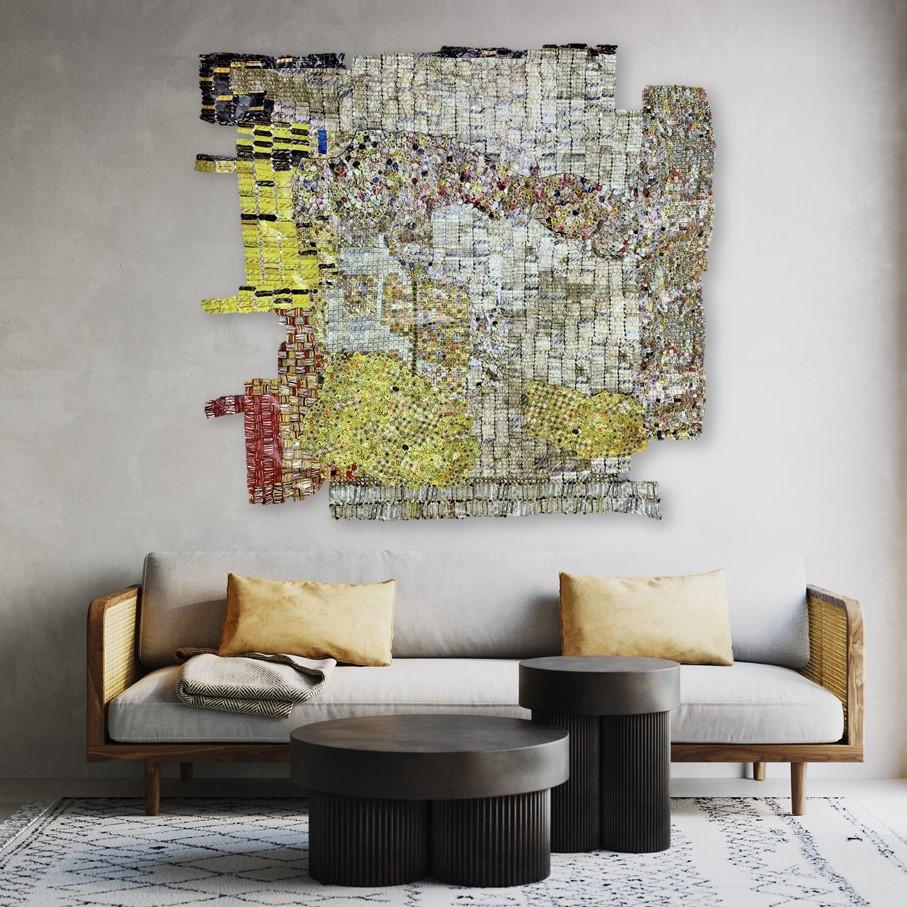 El Anatsui
Checked Key
2022
Hand sculpted and formed UV cured acrylic resin inkjet on aluminum with irregular hand-cut edges and copper wire
163 × 155 × 5 cm
(64.2 × 61 × 2 in)
Signed, numbered and dated on a label on the back 
Edition of 14
In mint
