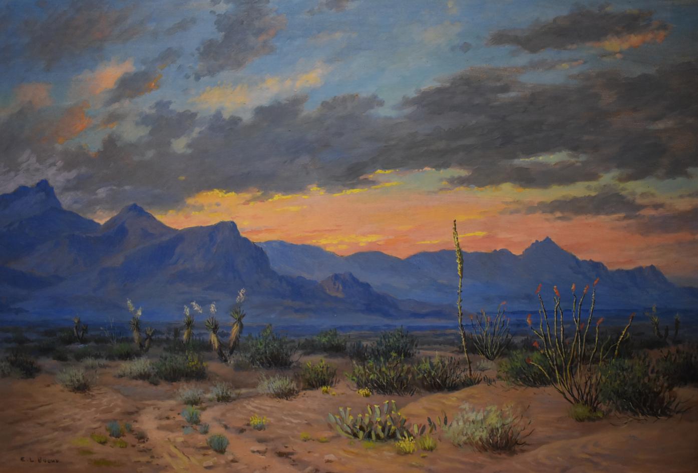 "FRANKLIN MOUNTAINS DESERT SUNSET" NEAR EL PASO GREAT PAINTING 1903s ELMER BOONE