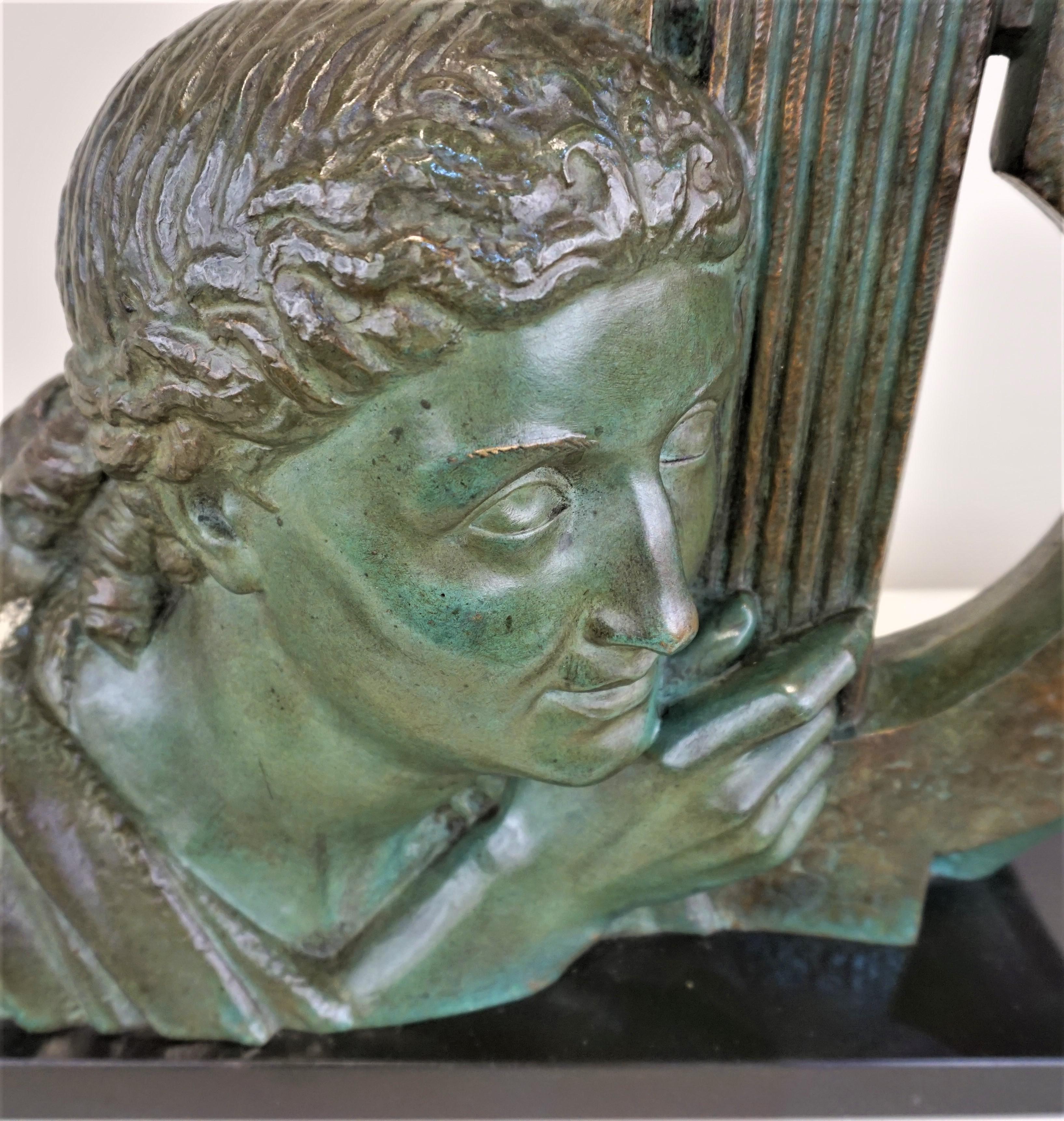 Art Deco bronze bust of a woman with harp by E.L. Bracquemond was commissioned and cased by House of Etling Paris.