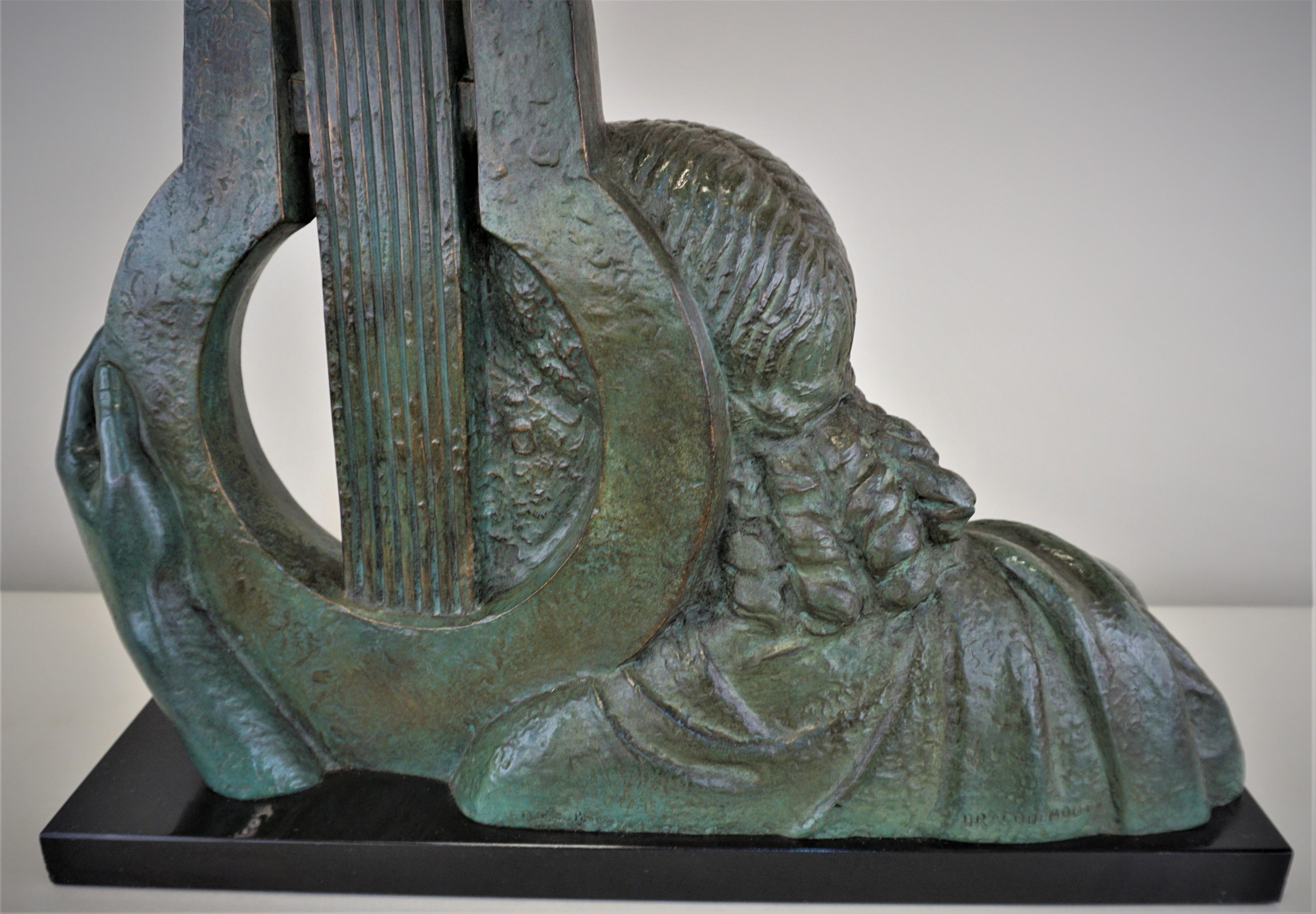 E.L. Bracquemond Art Deco Sculpture of a Woman Bust with Harp, 1930s 2