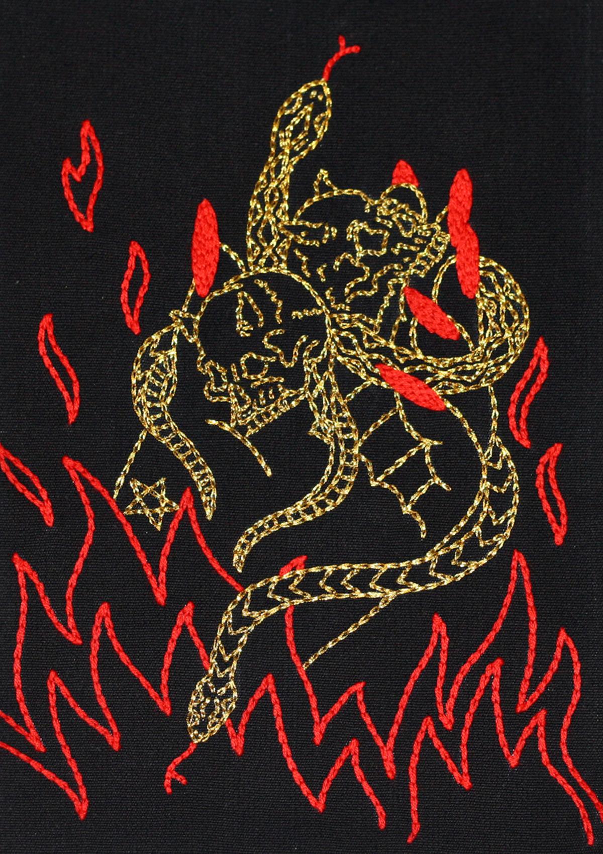El Diablo, 2019 by Maria Jose Franco Maldonado
From The Ventura Series. 
Embroidery thread on canvas
Image size: 27 cm H x 17 cm W
Frame size: 40 cm H x 30 cm W x 3 cm D
Unique

Blackwood frame with plexiglass
___
Maria Jose Franco Maldonado’s