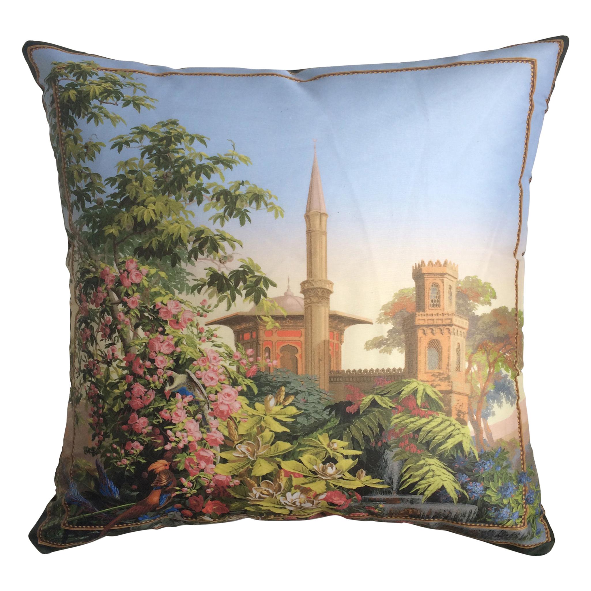 "El Dorado Bosforo" Silk Throw Pillow in Polychrome by Zuber For Sale