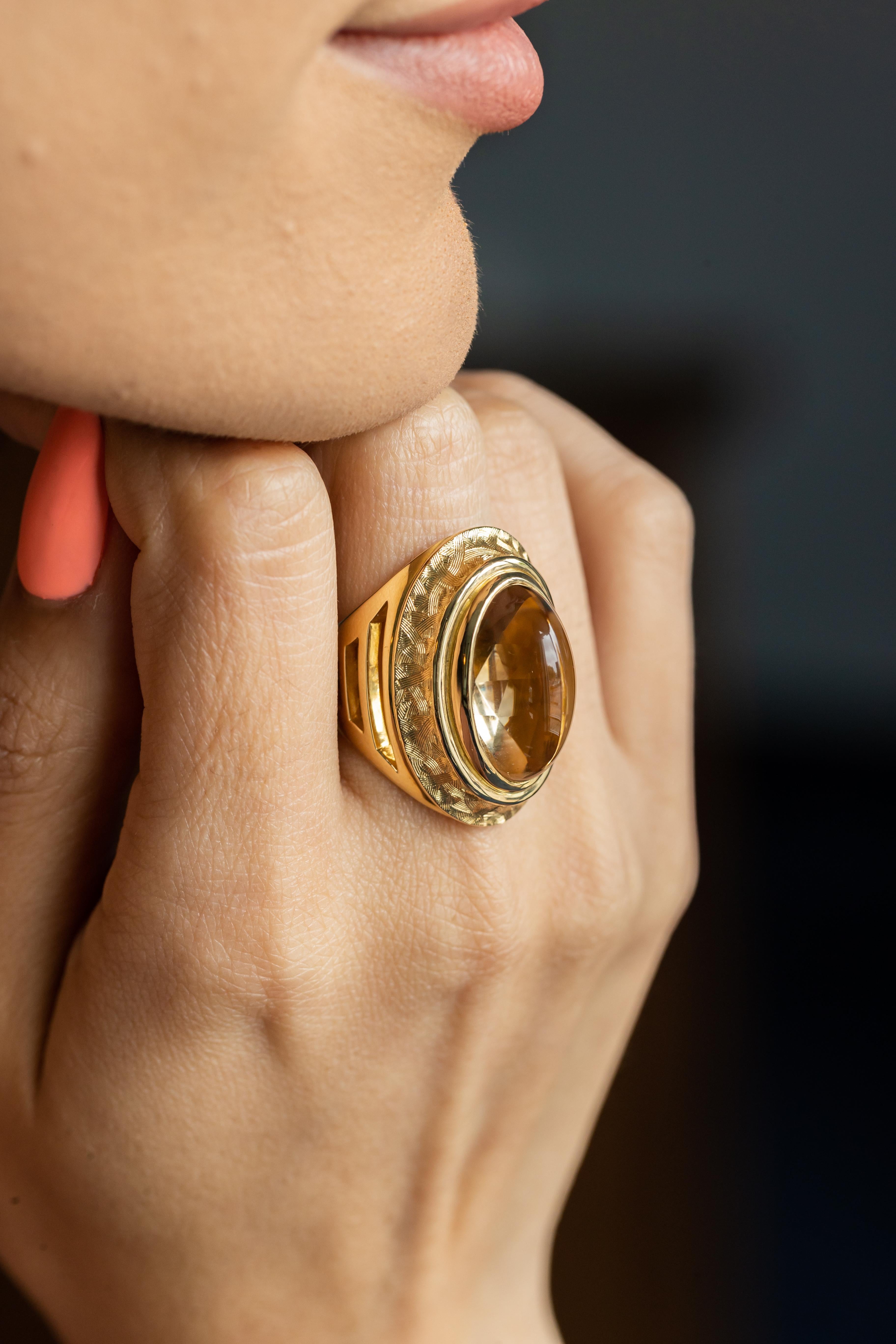 Modern El Dorado Hand Engraved Ring,  18K YG & Oval Light Citrine by Michael Bondanza For Sale