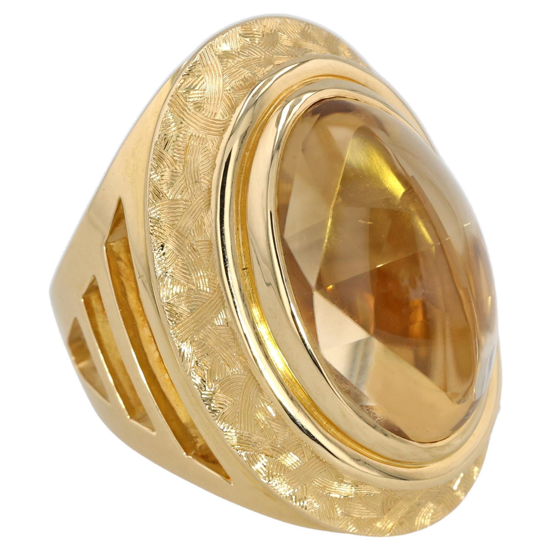 El Dorado Hand Engraved Ring,  18K YG & Oval Light Citrine by Michael Bondanza