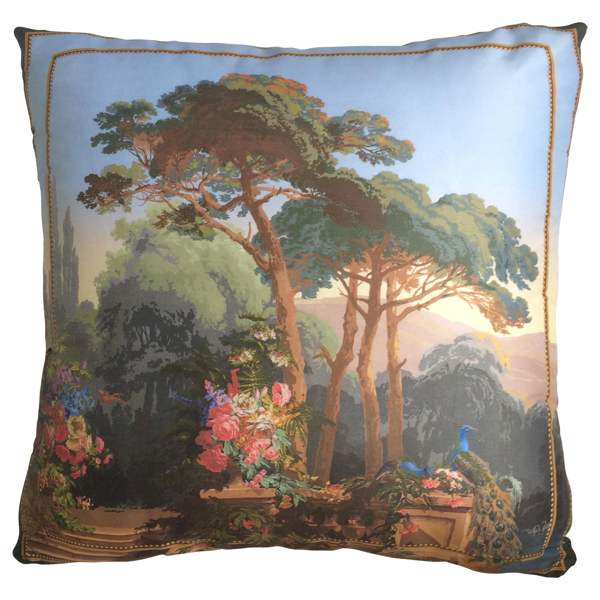"El Dorado Terrasse" Silk Throw Pillow in Polychrome by Zuber For Sale
