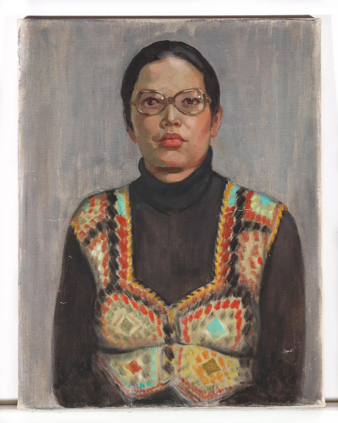 A striking Mid Century portrait of wonderful quality, showing a pretty young woman with glasses and a vibrant and eye catching crochet vest over a black jumper. In the style typical for this artist, the focus on textile pattern and colour add great