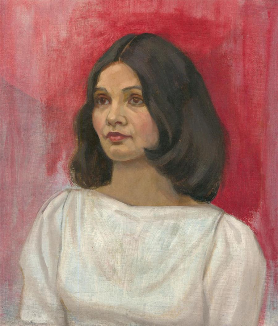 A striking Mid Century portrait of wonderful quality, showing a beautiful, dark haired woman in an elegant white dress. In the style typical for this artist, the focus on textile pattern and colour add great character to the portrait. Unsigned.