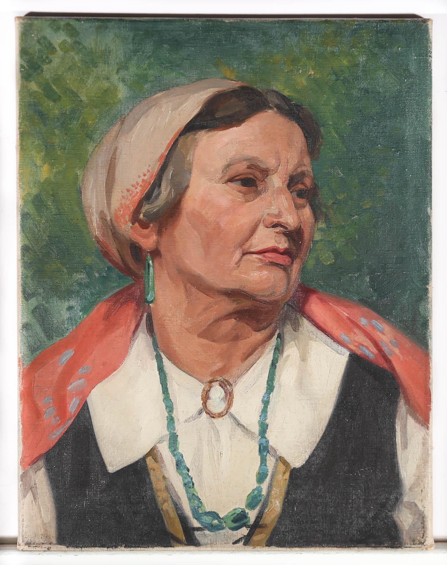 A striking Mid Century portrait of wonderful quality, showing a distinctive looking woman in traditional eastern European dress. In the style typical for this artist, the focus on textile pattern and colour add great character to the portrait.