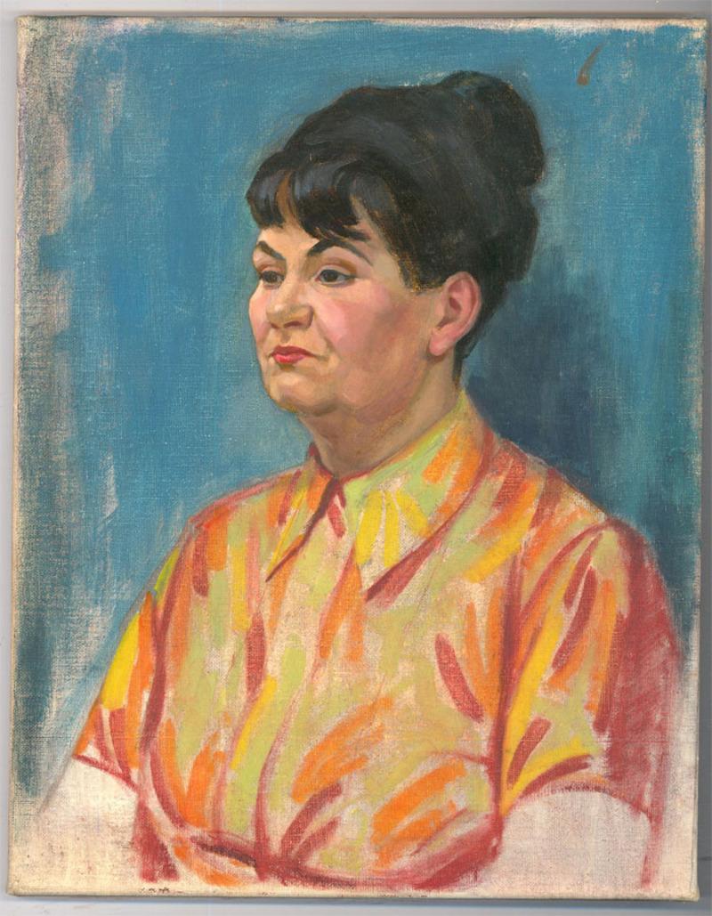 E.L. The Zany Shirt, peinture  l'huile de Edwards, milieu du XXe sicle - Marron Portrait Painting par E.L. Edwards