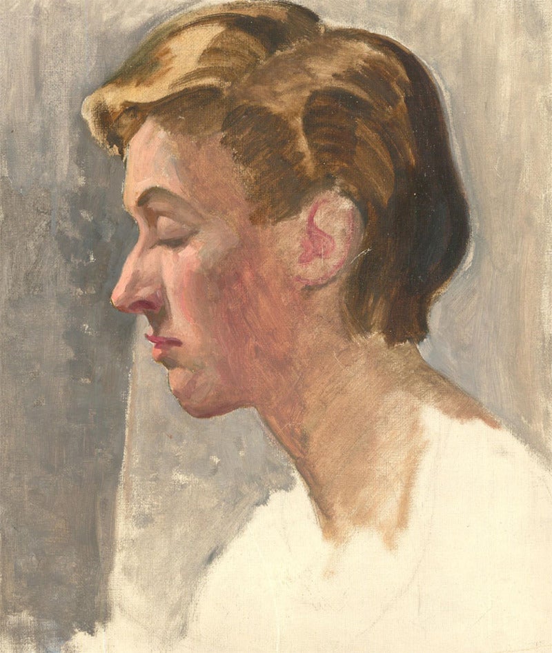 A striking Mid Century oil sketch of wonderful quality, showing a beautiful woman in profile. In the style typical for this artist, the focus on textile pattern and colour add great character to the portrait. Unsigned. On canvas on