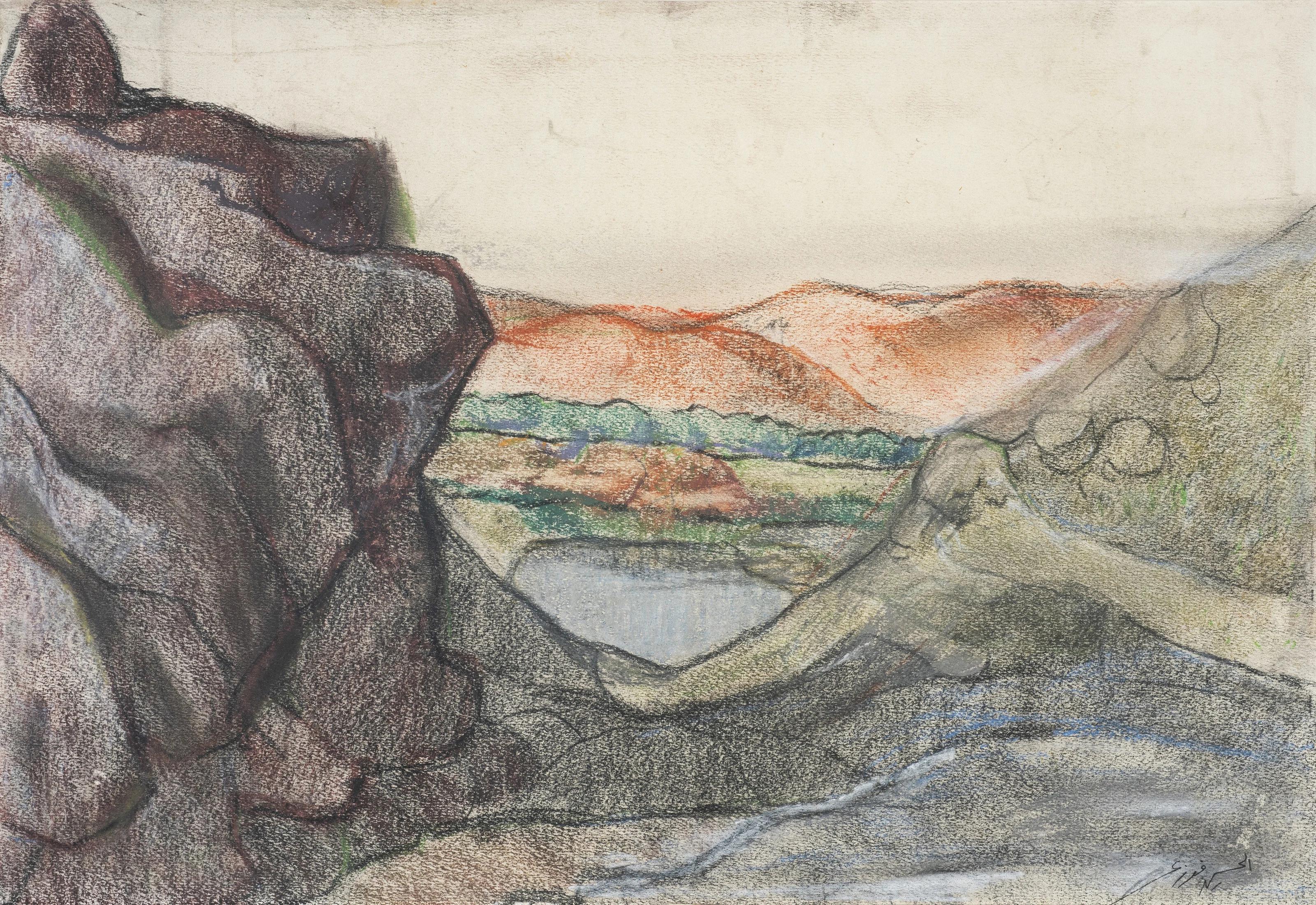 "A través de las cataratas" Pintura al pastel 12" x 22" pulgadas por El Hussein Fawzi