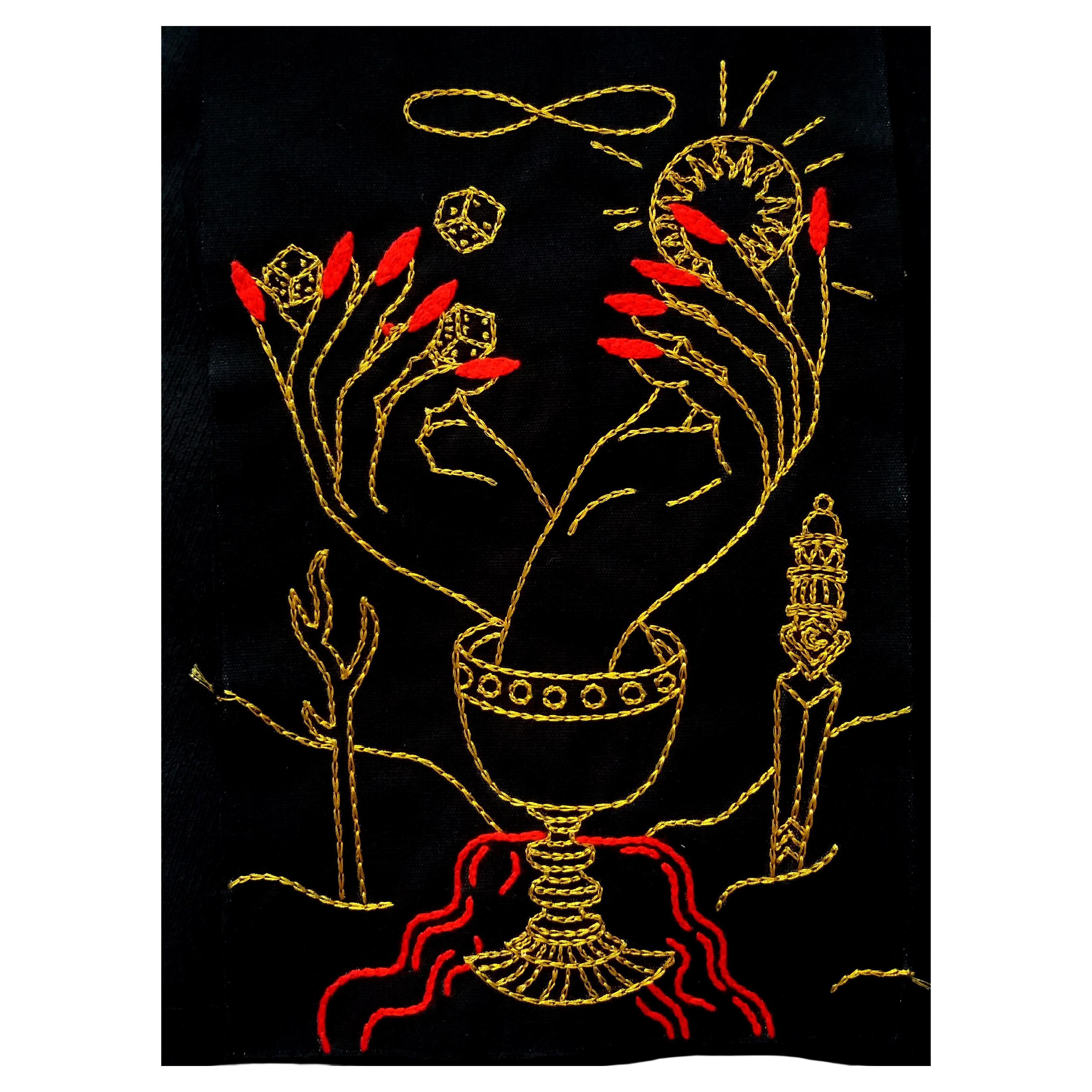 El Mago, 2019 by Maria Jose Franco Maldonado
From The Ventura Series. 
Embroidery thread on canvas
Image size: 27 cm H x 17 cm W
Frame size: 40 cm H x 30 cm W x 3 cm D
Unique

Blackwood frame with plexiglass
___
Maria Jose Franco Maldonado’s family