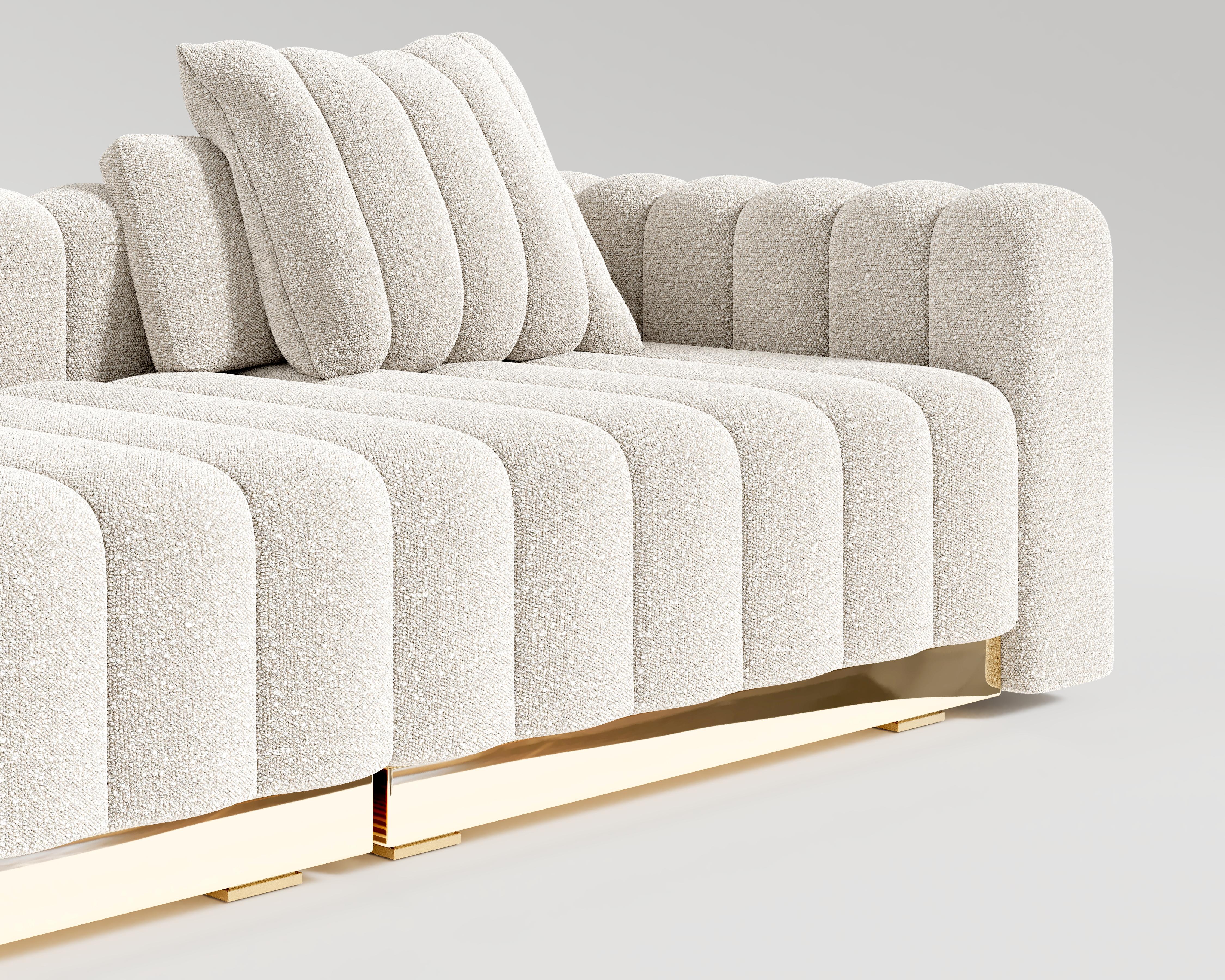Contemporary El Mar Sofa in Boucle and Polished Bronze Base By Palena Furniture For Sale