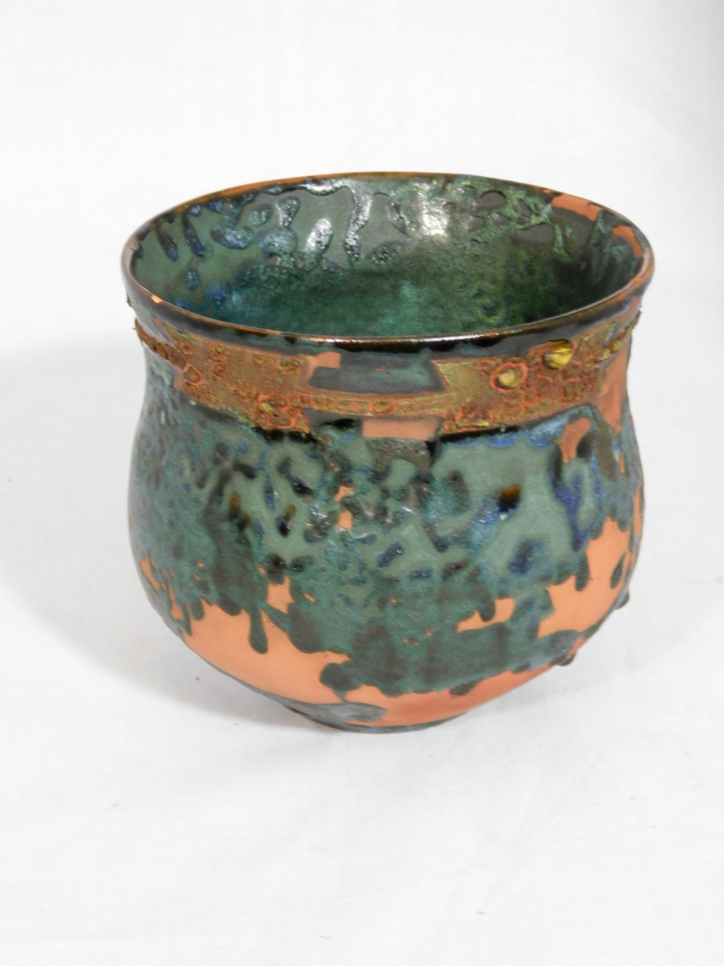 Wheel thrown El Monte earthenware vessel by ceramicist Andrew Wilder. This is a one of a kind object made in the ancient way- by hand in a small artisanal pottery. In this series Wilder explores the application of lichen under glazes to achieve