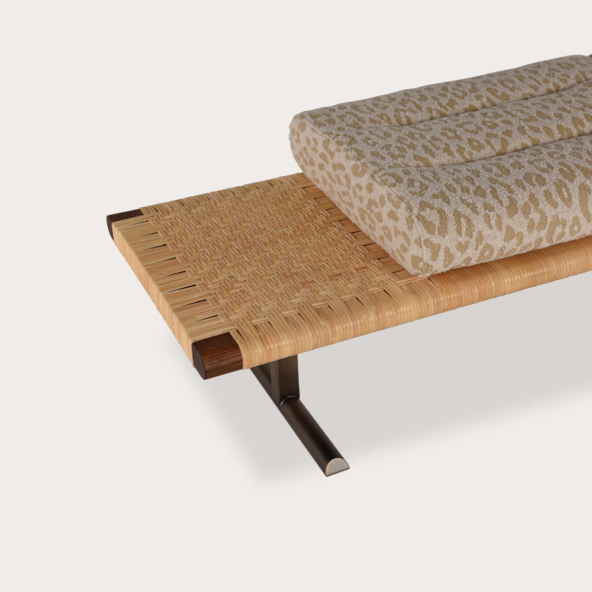 Bronze El Raval Bench by Yabu Pushelberg in Walnut Ash Frame with Natural Rattan For Sale