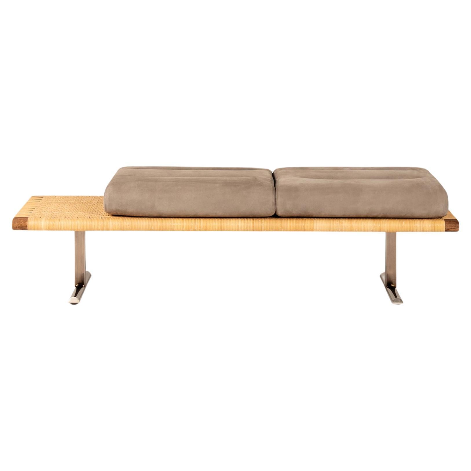 El Raval Walnut Stained Natural Rattan Bench by Yabu Pushelberg
