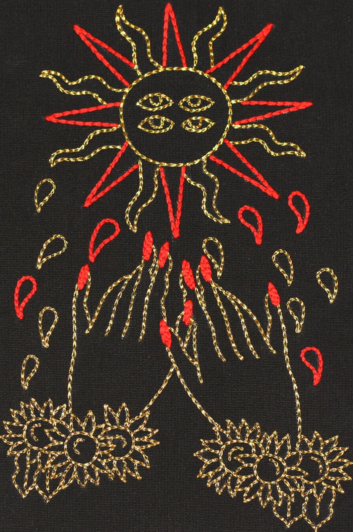 El Sol, 2019 by Maria Jose Franco Maldonado
From The Ventura Series. 
Embroidery thread on canvas
Image size: 27 cm H x 17 cm W
Frame size: 40 cm H x 30 cm W x 3 cm D
Unique

Blackwood frame with plexiglass
___
Maria Jose Franco Maldonado’s family