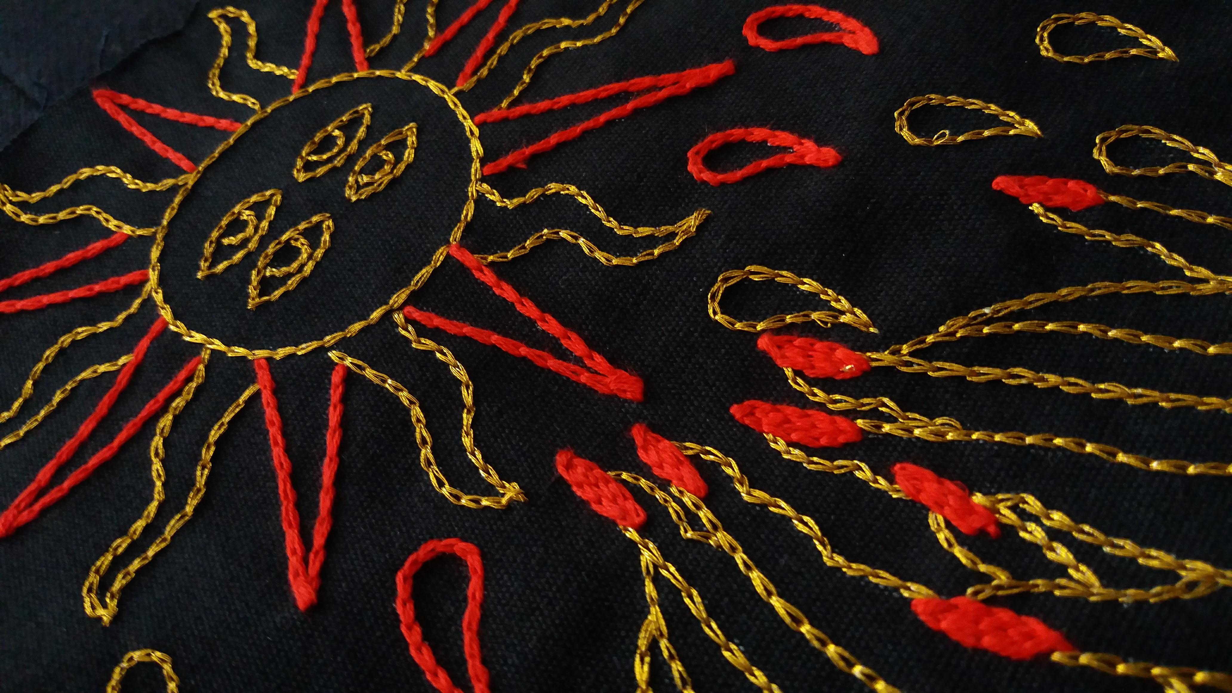 Colombian El Sol. From The Ventura Series.  Embroidery thread on canvas. Framed For Sale